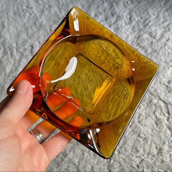 Vintage Retro MCM Amber Glass Square Ashtray Heavy
